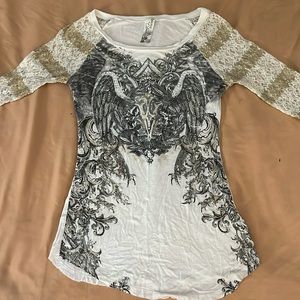 Angels & Diamonds White and Gold Lace Sleeve Long Sleeve Tee